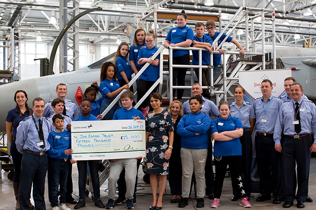 Stn Cdr Tone Baker, Sqn Ldr Gaz Stevens, and RAF Cosford staff with Emma Egging (CEO of JET), Ellie Orton (Head of Youth Programmes at JET) and Sue Byatt (Regional Programme Manager and Lead Educational Advisor at JET) with Blue Skies 1 Students from Charlton School