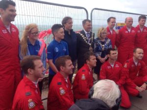 Blue Skies students, Ellie Orton Interim CEO, Mayor and Mayoress of Bournemouth and Red Arrows