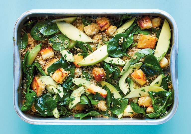 Roasted Halloumi and Bulgur Wheat Salad with Avocado and Mango.