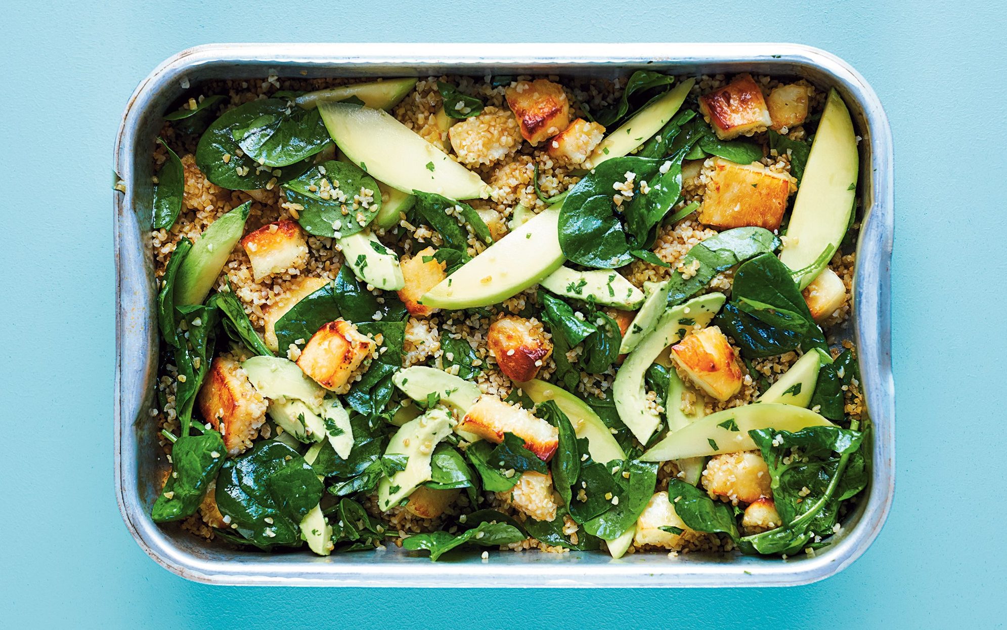 Roasted Halloumi and Bulgur Wheat Salad with Avocado and Mango.