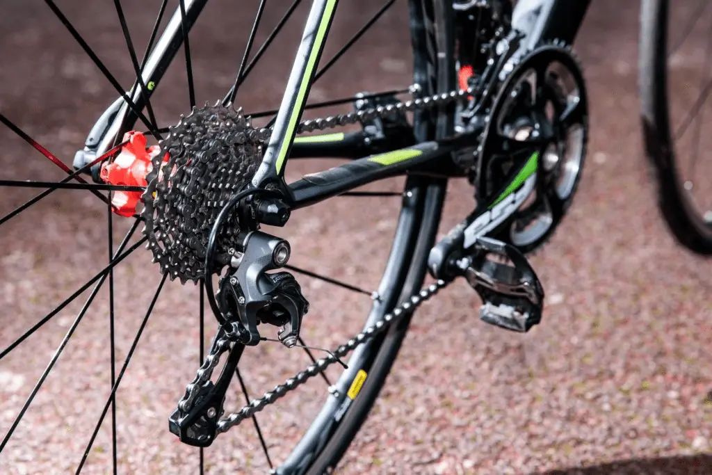 Close up of a bicycle chain and wheel